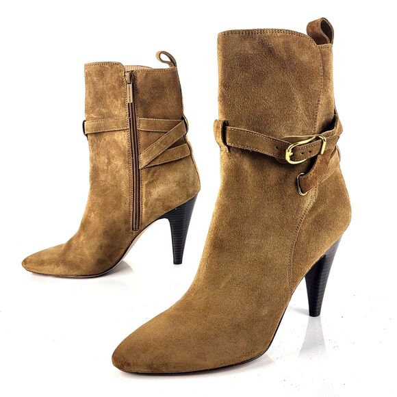 $550 Veronica Beard Sohelia Strap Suede High-Heel Boots in Hazelwood Sz 10 - Picture 1 of 16